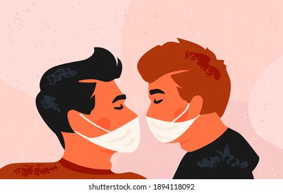 Male gay couple wearing protective face mask. Kiss and love during covid-19 coronavirus pandemic. Lgbt homosexual greeting card for St. Valentine's Day. Trendy textured vector.