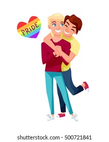 Male gays couple having fun and being happy. Lgbt concept vector illustration. The word pride in rainbow colored heart.