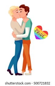 Male gays couple kissing and hugging. Lgbt concept vector illustration. The word pride in rainbow colored heart.
