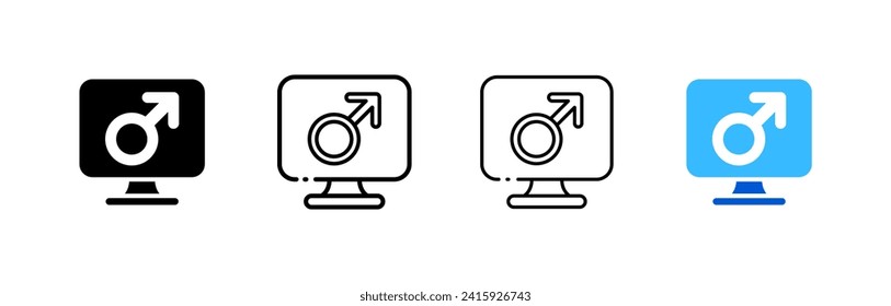 Male gender icons on the monitor screen. Different styles, male gender icon, monitor screen. Vector icons