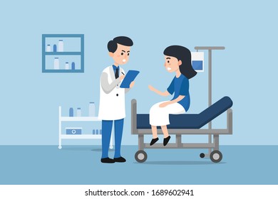 Male general health physician receive and treat woman in hospital room or clinic office.