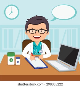 Male general practitioner. Vector illustration of a smiling doctor or family practitioner.