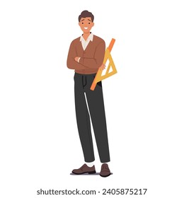 Male Geometry Teacher Character Passionately Imparts Knowledge, Holding A Protractor With Precision, His Enthusiasm For Angles And Shapes Evident In Geometric Explanation. Cartoon Vector Illustration