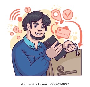 Male get online order, paying with credit card. Paying with credit card, cashless concept. Profitable shopping day concept. Flat vector illustration in cartoon style