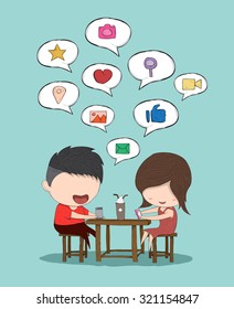 Male and girl teens playing with phone at coffee shop and icon social, drawing by hand vector