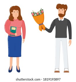 Male give decorative bouquet flower to female, lovely romantic couple date concept gift floret flat icon vector illustration, isolated on white. Smiling man and woman, standing character.