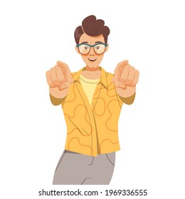 Male in Glasses Pointing Index Finger Pointing Fingers Showing Positive Gesture Feeling Happiness and Excitement Vector Illustration