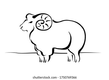 Male goat, ram. Silhouette sketch black line vector illustration isolated on white background. Icon, simple animal.