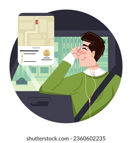 Male going by car to destination, looking at GPS navigator. Ordering taxi online via modern gadget concept. Flat vector illustration in green colors in cartoon style