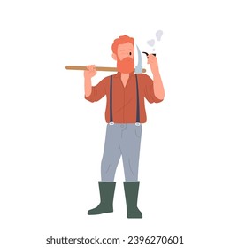 Male gold digger cartoon character smoking pipe holding pickaxe on shoulder taking rest during work