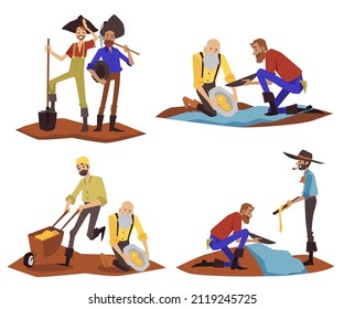 Male gold diggers from wild west during gold rush in search of treasure in mine. Set with cartoon prospectors of gold sand or nugget with various tools in flat vector illustration isolated on white
