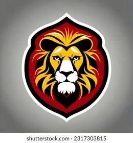 male golden lion logo, long haired lion, brave symbol of leader and strength, red background