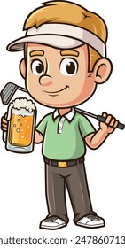 Male golf enthusiast holding beer vector illustration