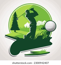 Male golf player on professional golf course. cartoon vector illustration, isolated background, label, sticker