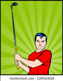 Male golf player. Vintage pop art illustration