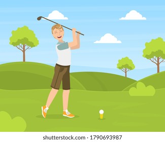 Male Golfer Training with Golf Club on Course, Young Man Doing Physical Activity Outdoors Vector Illustration