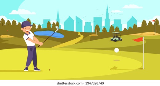 Male Golfer in Uniform Lining Up Tee Shot on Golf Course with Flag, Hole, Lake on City View Background. Countryside Resort, Golfclub. Healthy Lifestyle, Luxury Leisure Cartoon Flat Vector Illustration