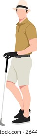 A male golfer wearing a hat poses with a golf club