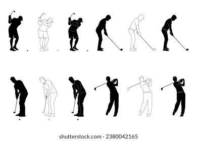 Male golfers silhouette collection. Golf Player set. People playing golf in trendy flat style isolated on white background, symbol for your website design, logo, app, various publications