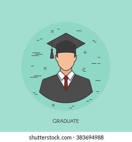 Male graduate in gown and graduation cap. Colorful flat style line vector icon