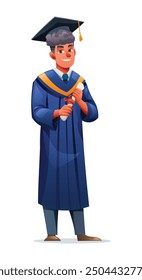 Graduado masculino con diploma en gorra académica y vestido de graduación. Vector ilustración de dibujos animados