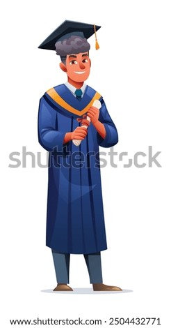 Male graduate holding diploma in academic cap and graduation gown. Vector cartoon illustration