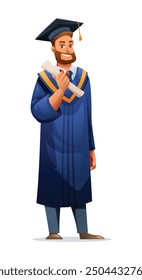 Male graduate holding diploma, wearing academic cap and gown, smiling confidently. Vector cartoon illustration
