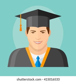 Male graduate in mantle and graduation cap flat icon. Man character vector illustration.