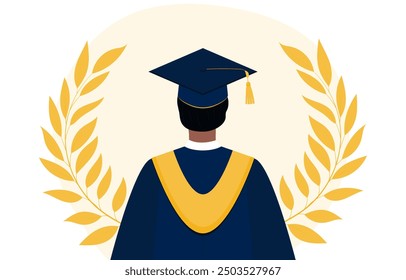 Male graduate portrait view from the back. Young man in blue graduation gown, cap and laurel wreath. Design element for avatar, card, post, banner, flyer, scrapbooking.