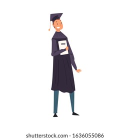 Male Graduate Student in Gown and Cap Standing with Diploma Vector Illustration