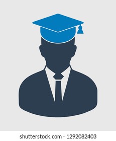Male graduate student icon with gown and cap. Flat style vector EPS.