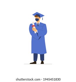 A male graduate student wears a protective mask. Black graduation dress with a diploma. Concept of graduation ceremony, quarantine, against coronavirus, pandemic, graduation 2021.