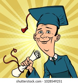 male graduate from University or College. Comic book cartoon pop art retro vector illustration