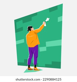 male graffiti artist, mural painter paint on brick wall with spray paint. creative occupation. back view. flat vector illustration.