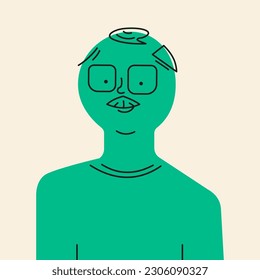 Male grandfather elderly smiling silhouette green color with black outline. Flat design style. Vector illustration.