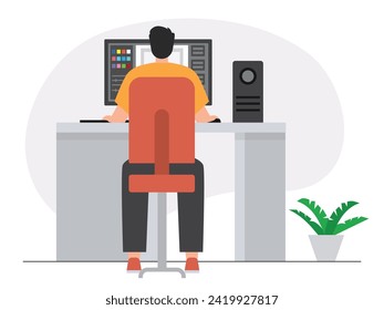 Male graphic designer working on computer from workspace. Character design. Vector flat illustration