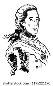 Male graphic portrait in antique costume. Hand drawn young attractive man in royal dress of 18-19th century for design, prints, posters, illustrations, banners, decor, articles. Prince, aristocrat.