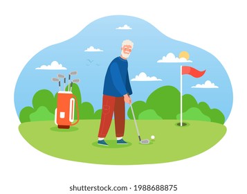 Un pensionista gris macho está jugando al golf con pasión sólo en el campo. Concepto de hobby aristocrático para los ricos. Golfer golpeando a la pelota. Actividad al aire libre, deporte. Ilustración vectorial de dibujos animados planos