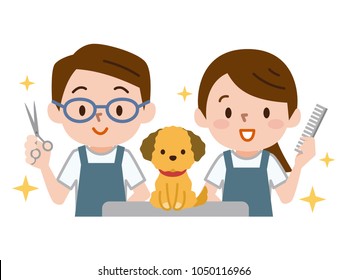 Male groomer and female groomer and dog