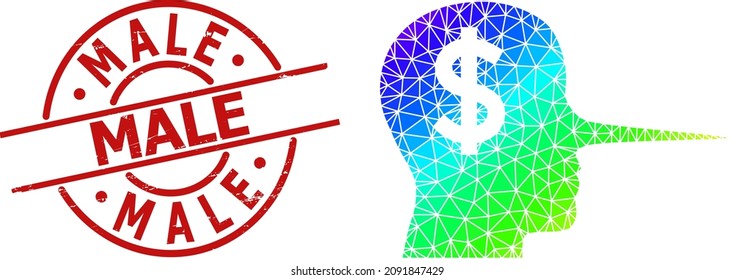 Male grunge seal and low-poly spectral colored financial liar icon with gradient. Red stamp has Male text inside round and lines shape. Triangulated financial liar polygonal 2d illustration. svg