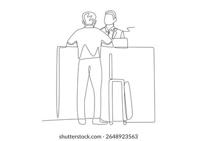 O hóspede quer fazer o check-in na recepção. Inscrevendo-se em um desenho de uma linha do conceito de hotel