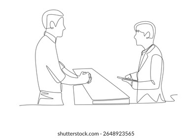 Male guest wants to check in at the reception. Checking into a hotel concept one-line drawing