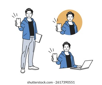 Male Guide Character – Versatile Profession Set. A man guiding in various outfits. Great for business, service, and app tutorials. Perfect for web, promo, and educational content.
