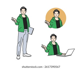 Male Guide Character – Versatile Profession Set. A man guiding in various outfits. Great for business, service, and app tutorials. Perfect for web, promo, and educational content.