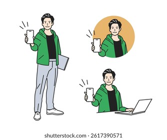 Male Guide Character – Versatile Profession Set. A man guiding in various outfits. Great for business, service, and app tutorials. Perfect for web, promo, and educational content.