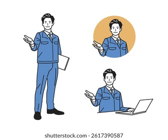 Male Guide Character – Versatile Profession Set. A man guiding in various outfits. Great for business, service, and app tutorials. Perfect for web, promo, and educational content.