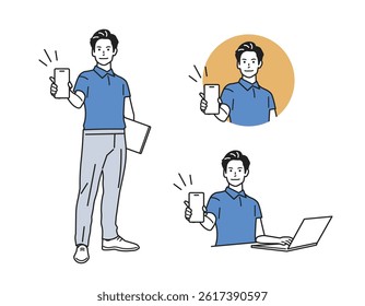 Male Guide Character – Versatile Profession Set. A man guiding in various outfits. Great for business, service, and app tutorials. Perfect for web, promo, and educational content.