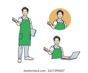 Male Guide Character – Versatile Profession Set. A man guiding in various outfits. Great for business, service, and app tutorials. Perfect for web, promo, and educational content.