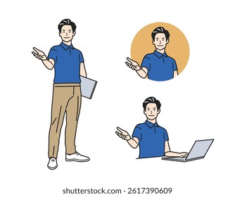 Male Guide Character – Versatile Profession Set. A man guiding in various outfits. Great for business, service, and app tutorials. Perfect for web, promo, and educational content.