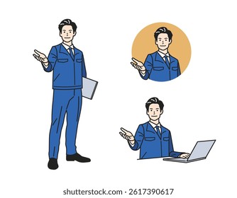Male Guide Character – Versatile Profession Set. A man guiding in various outfits. Great for business, service, and app tutorials. Perfect for web, promo, and educational content.